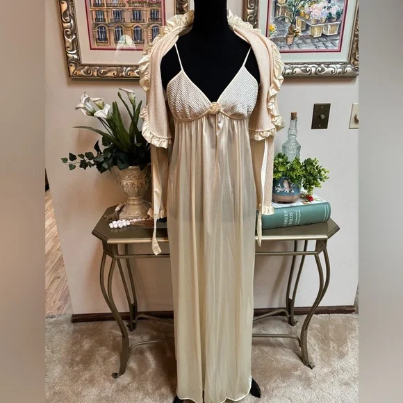 Vintage Gilligan & O'Malley Cream Maxi Lace Slip Dress & Crop Top Set Sz S - Picture 4 of 15